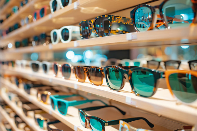 various sunglasses styles on display rack