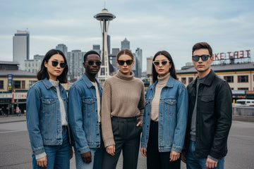 Group of people wearing sunglasses in Seattle with iconic Space Needle in background