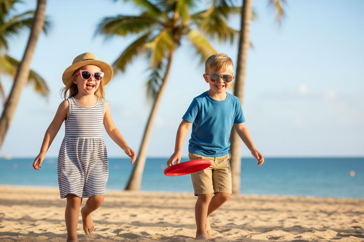 Two children on a beach wearing sunglasses with palm trees and ocean in the background