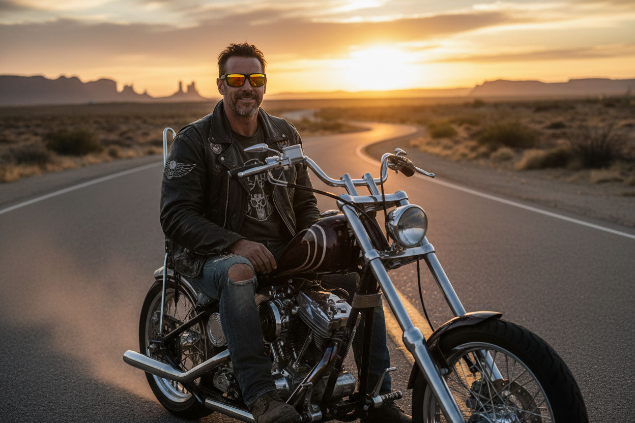 Man sitting on a motorcycle in a desert landscape wearing Choppers glasses