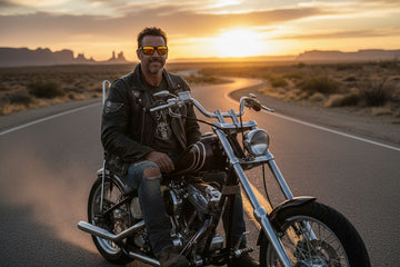 Man sitting on a motorcycle in a desert landscape wearing Choppers glasses