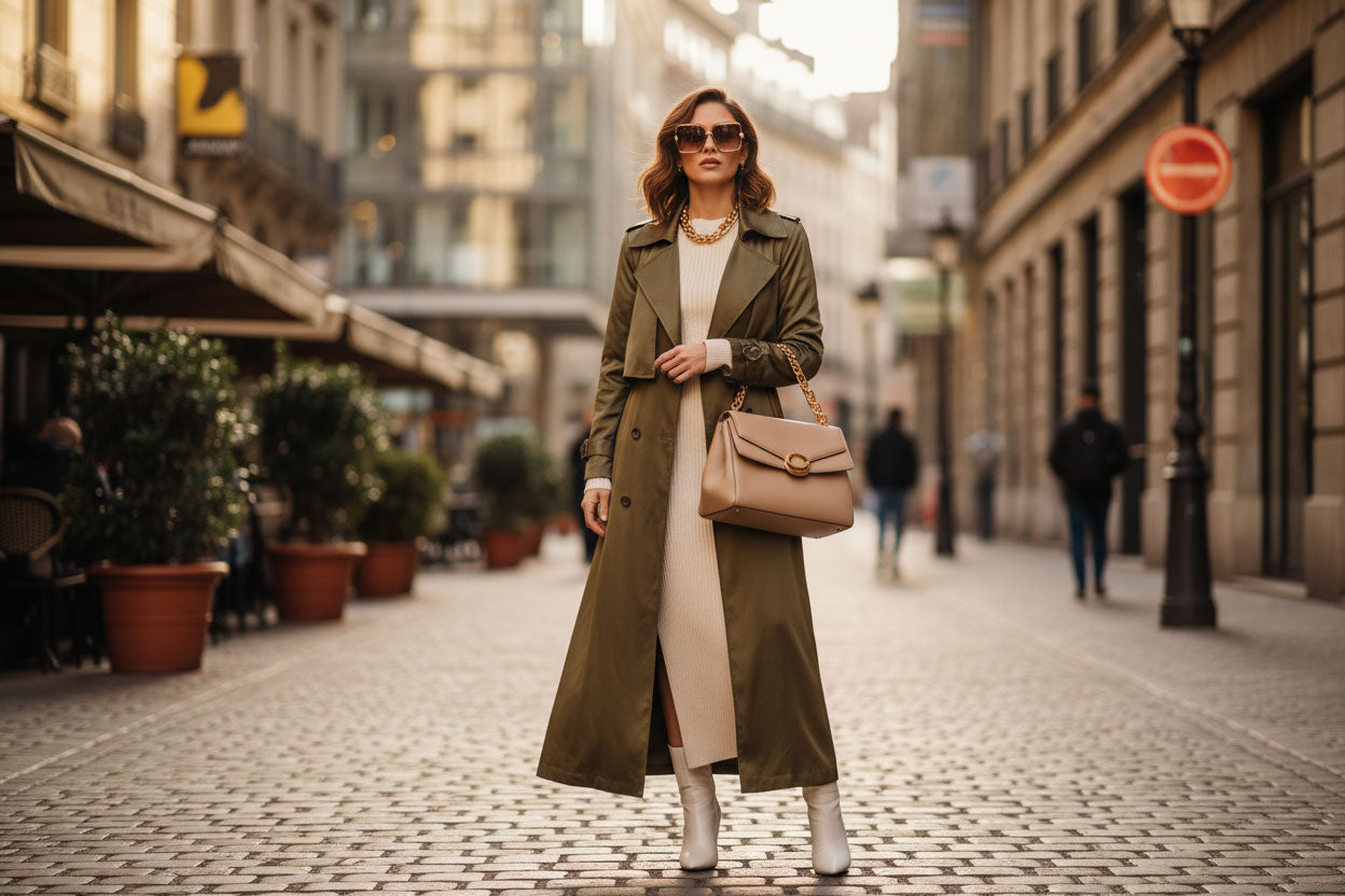 Woman wearing Kleo sunglasses walking down a city street