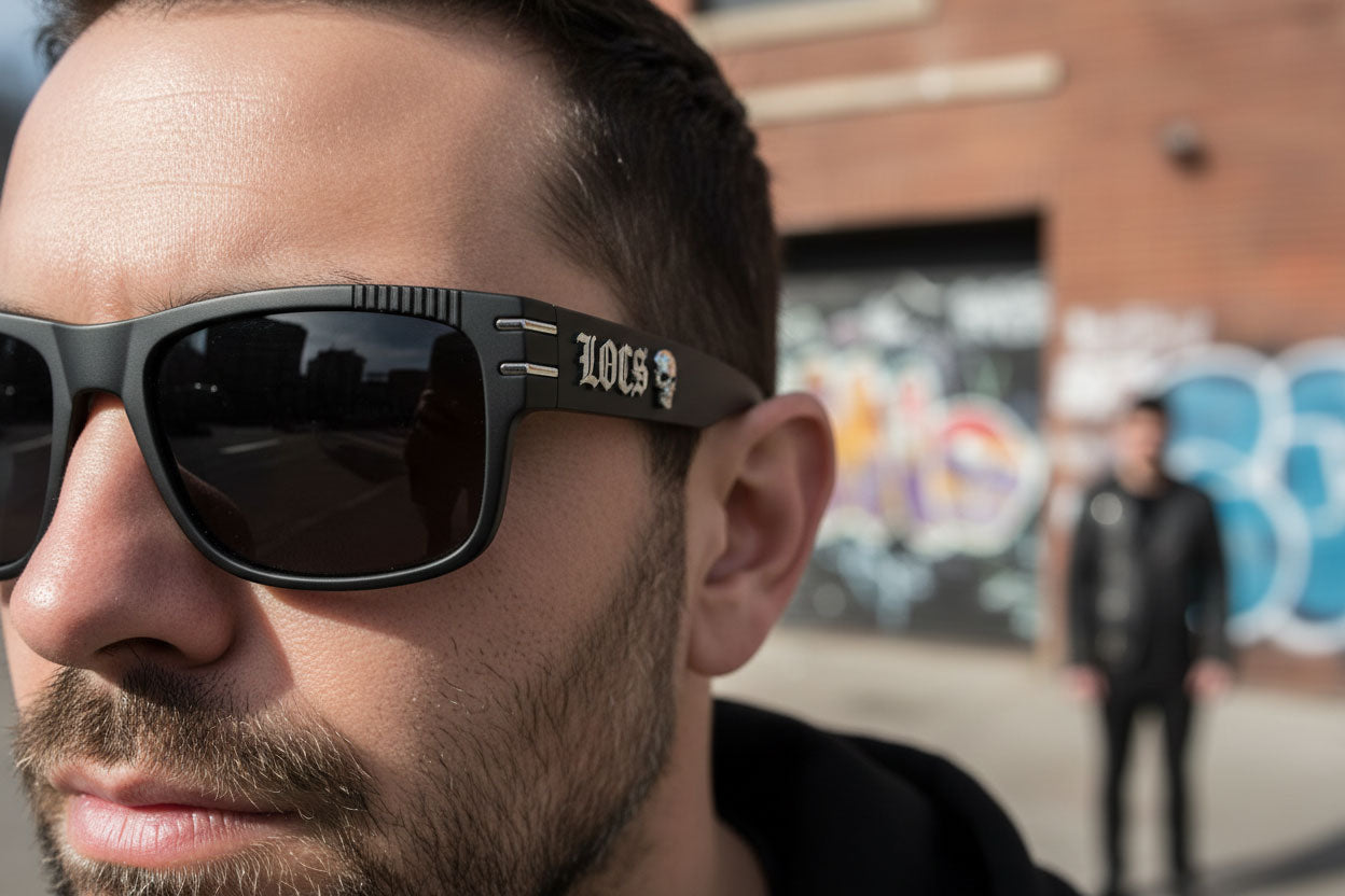 Man wearing Locs sunglasses with blurred background of a street scene