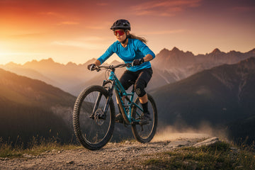 Person wearing X-Loop sunglasses riding a mountain bike on a trail with mountains in the background
