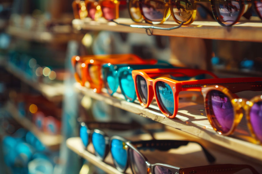 Row of colorful sunglasses on a wooden shelf